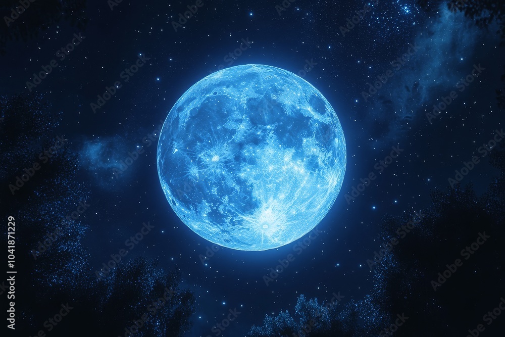 A blue moon glowing in the dark sky, surrounded by twinkling stars, creating a cinematic and epic atmosphere. A blue moon glowing in the dark sky, surrounded by twinkling stars, creating a cinematic and epic atmosphere.