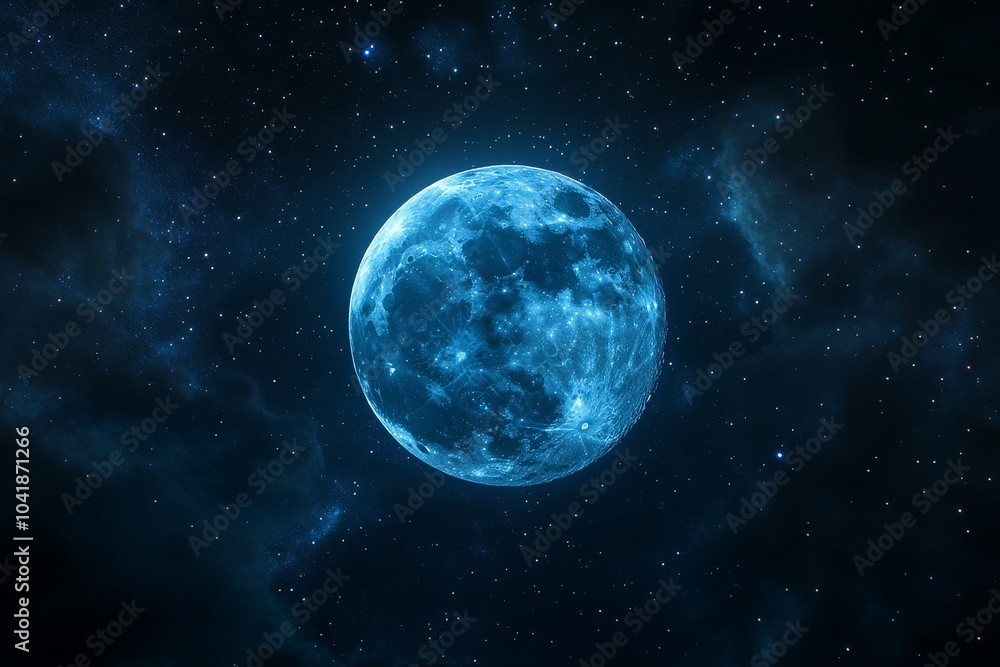 A blue moon glowing in the dark sky, surrounded by twinkling stars, creating a cinematic and epic atmosphere. A blue moon glowing in the dark sky, surrounded by twinkling stars, creating a cinematic and epic atmosphere.