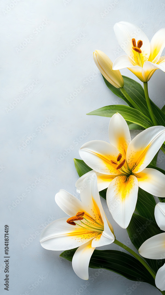 Naklejka premium Elegant white lilies on soft blue background a serene floral composition for home decor