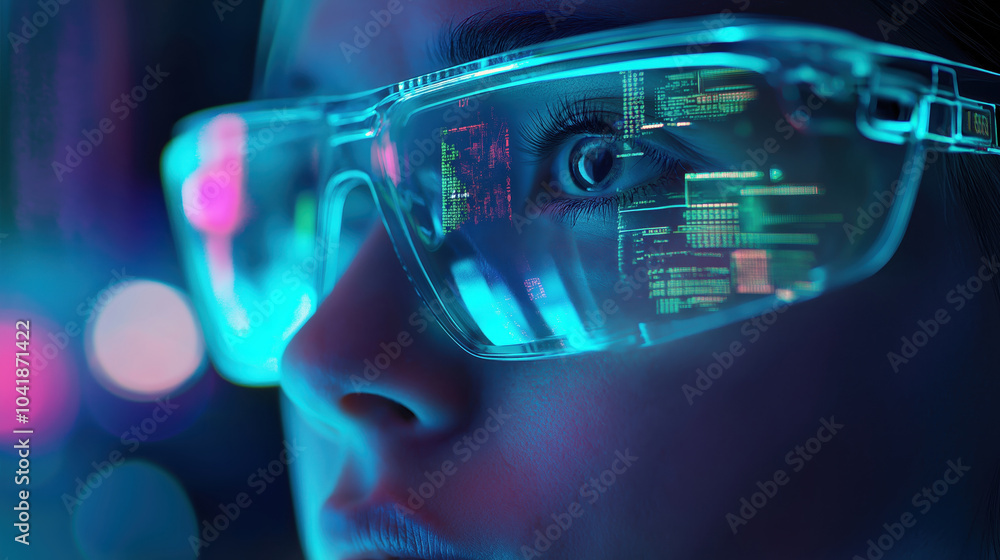 Futuristic smart glasses displaying digital code reflections Futuristic smart glasses displaying digital code reflections