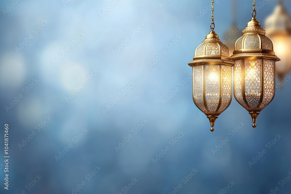 Elegant lanterns glowing against a soft blue background. Elegant lanterns glowing against a soft blue background.