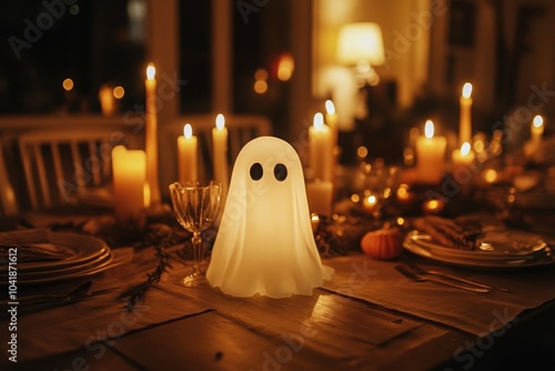 cozy atmospheric Halloween dinner setup, table decorated with lit candles and small pumpkins, warm lighting, warm cute glowing ghost on table. stylish Halloween, elegant Halloween dinner concept photo