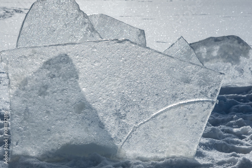 Abstract background with large ice pieces on the lake on sunny winter day photo