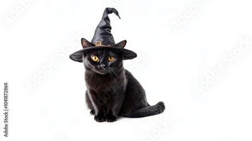 Portrait of a black cat wearing witch hat. Halloween theme.