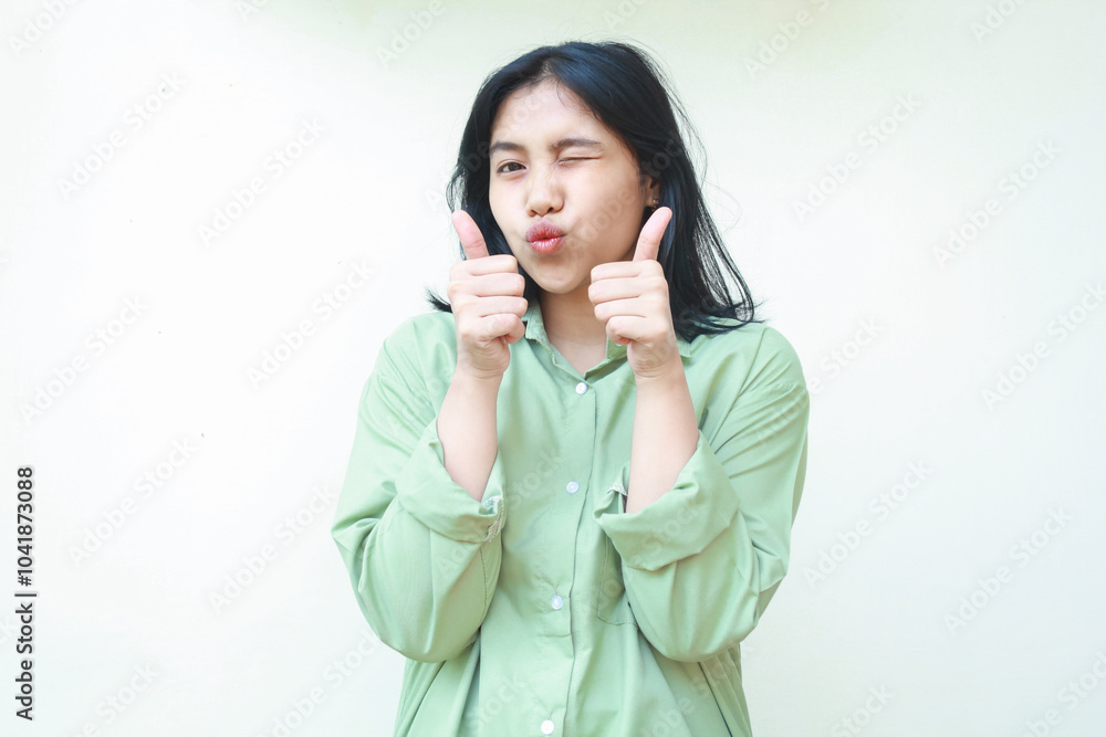 good job, very good. pleased asian woman wearing green over size shirt showing thumbs up with two hands and flirting to camera with blink eye closed standing over isolated white background
