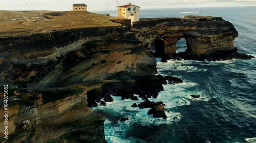 aerial view ascending eroded rock coastal cliffs crashing waves pound shore Piedade Lagos all captured breathtaking 4K algarve drone