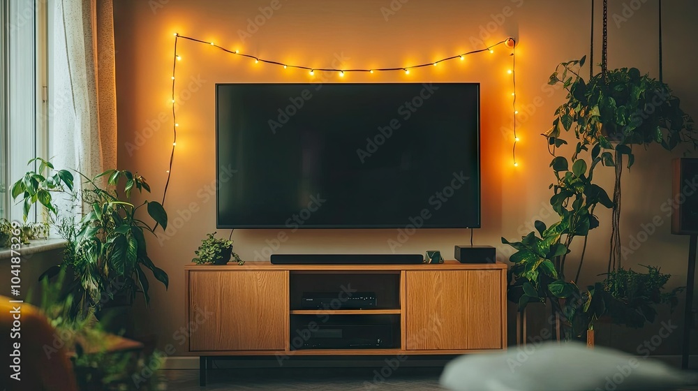 Fototapeta premium A modern TV screen mounted on the wall of a cozy living room, with a stylish media console below. Soft ambient lighting enhances the space. --chaos