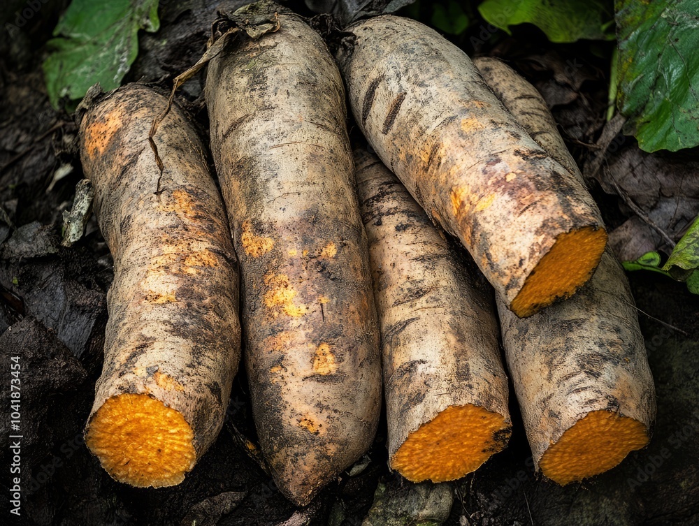 Freshly harvested yams with rough, earthy skin and bright orange flesh, lying on the ground. Freshly harvested yams with rough, earthy skin and bright orange flesh, lying on the ground.