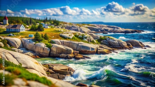 Flyover of Rugged Coastline Near Peggys Cove in Stunning Tilt-Shift Perspective photo