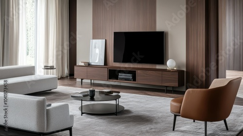 A modern TV screen on a media stand in a tastefully decorated living room, with ambient light creating a warm and inviting environment. --chaos