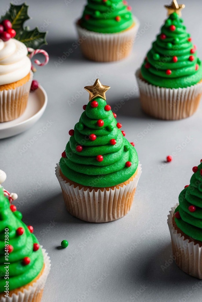 Christmas cupcakes decorated with a Christmas tree on a white plate. Christmas cupcakes decorated with a Christmas tree on a white plate.