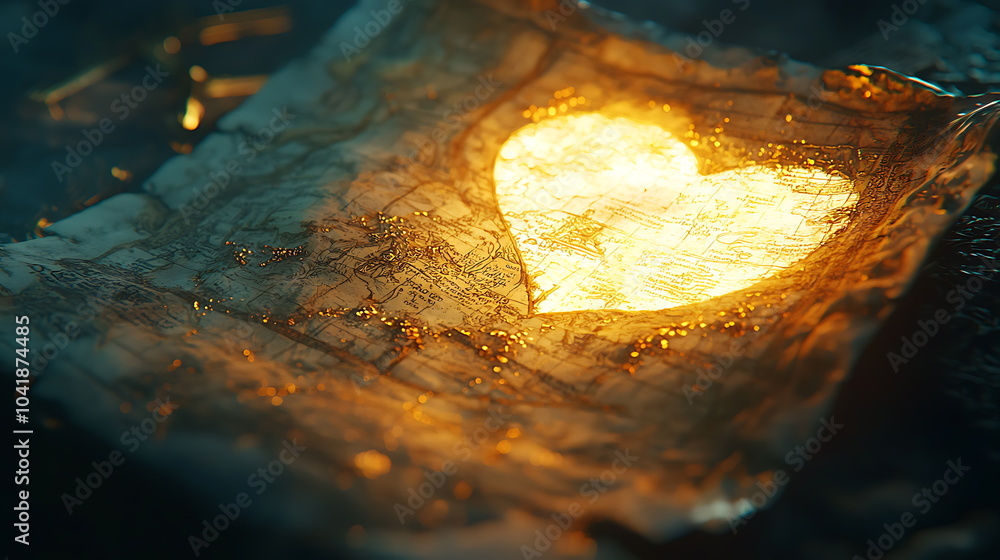 A radiant heart illuminated on an ancient map exploring the intersection of love and adventure through time A radiant heart illuminated on an ancient map exploring the intersection of love and adventure through time