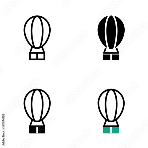 Hot Air Balloon with Basket Line and Silhouette Color Icon Set. Fly Hotair Ballon for Sky Journey Outline and Solid Symbol Collection