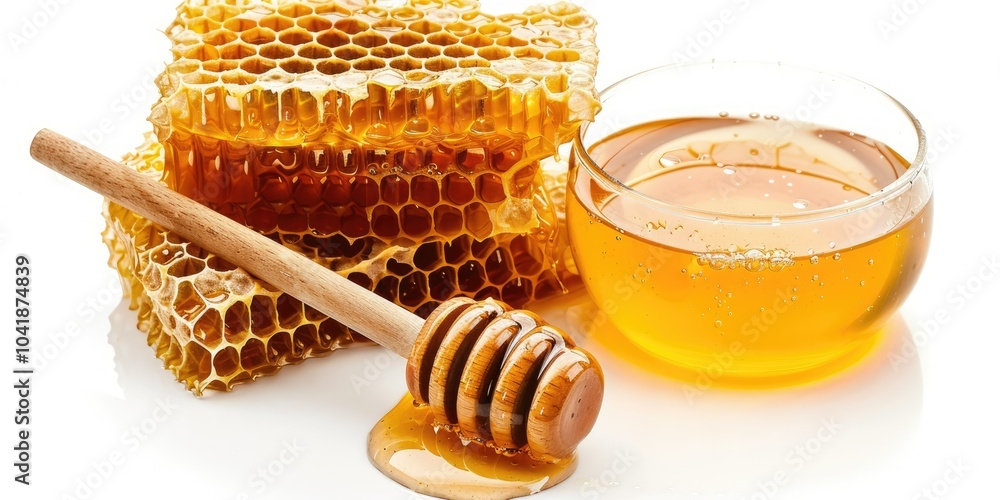 Fresh honeycomb with honey dip and jar of honey on a white background. Fresh honeycomb with honey dip and jar of honey on a white background.