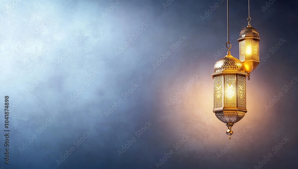 Two ornate hanging lanterns against a textured blue background. Two ornate hanging lanterns against a textured blue background.