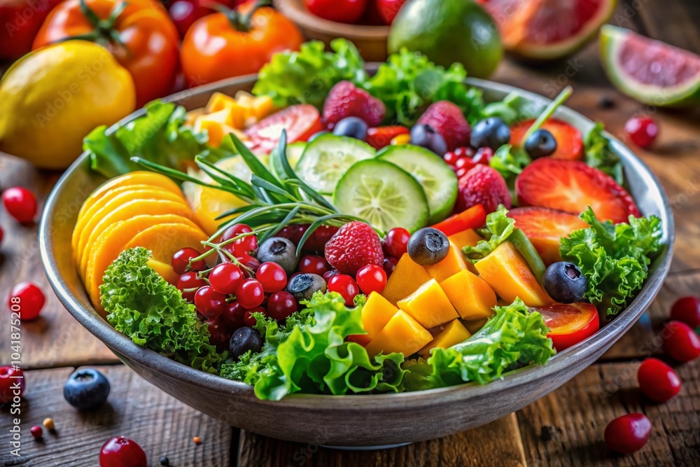 Fresh and Vibrant Salad Bowl with Colorful Veggies and Fruits in Natural Lighting - Healthy Eating Inspiration Fresh and Vibrant Salad Bowl with Colorful Veggies and Fruits in Natural Lighting - Healthy Eating Inspiration