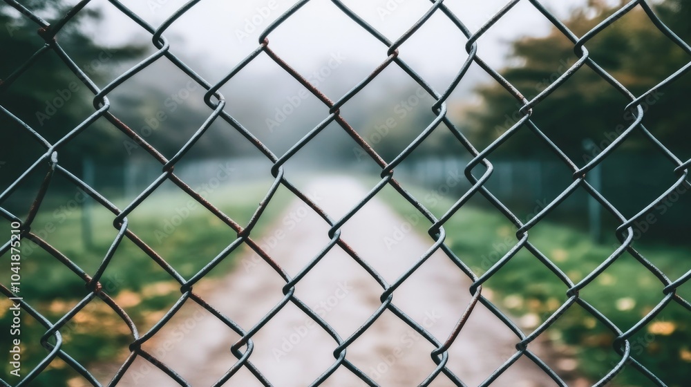 Misty Path Through a Chain Link Fence in Nature Misty Path Through a Chain Link Fence in Nature