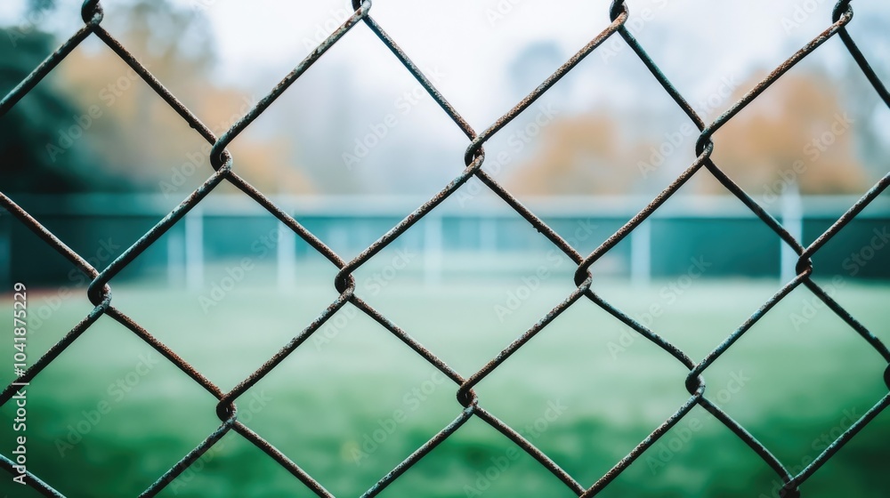 Fototapeta premium Foggy Morning at a Sports Field Behind a Fence