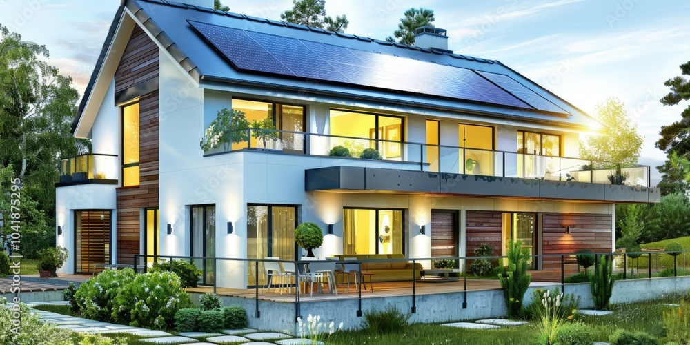 Obraz premium A stylish, eco-friendly house with solar panels on the roof, surrounded by lush greenery, representing sustainable living.