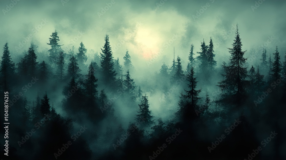 Enchanted Forest: Foggy Landscape with Pine Trees Enchanted Forest: Foggy Landscape with Pine Trees