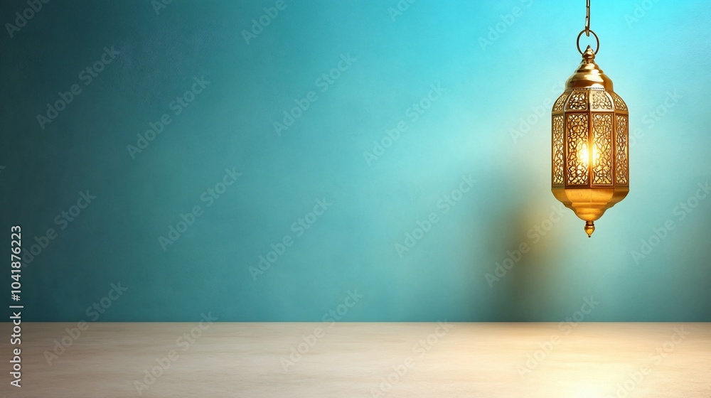 A decorative lantern hanging against a turquoise wall, casting warm light. A decorative lantern hanging against a turquoise wall, casting warm light.