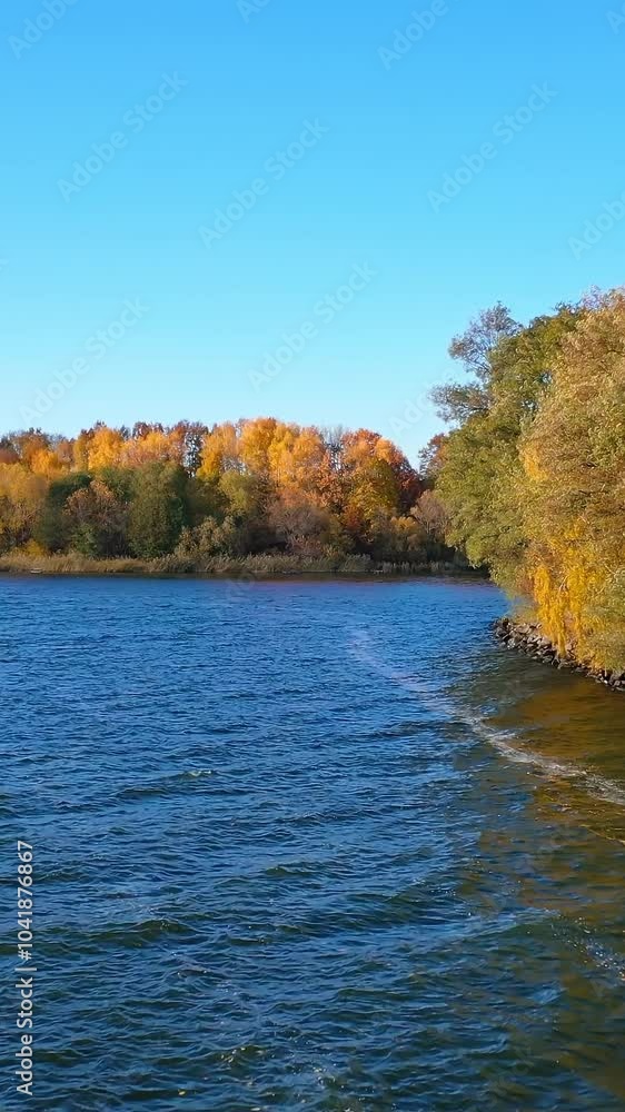 River near colorful trees. Nature landscape in autumn. Beautiful scenery in fall season. Blue lake on yellow trees background. Vertical video River near colorful trees. Nature landscape in autumn. Beautiful scenery in fall season. Blue lake on yellow trees background. Vertical video