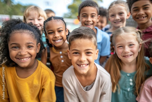 A joyful and vibrant group of multiethnic children smiling and enjoying their time outdoors in a schoolyard. 