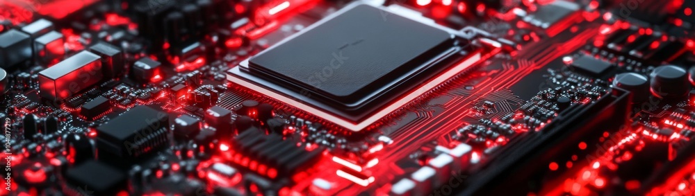 Detailed electronic component with glowing circuit pathways Detailed electronic component with glowing circuit pathways