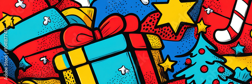 Bunte Pop-Art-Weihnachtshintergrund mit Festtagsmotiven und leuchtenden Farben