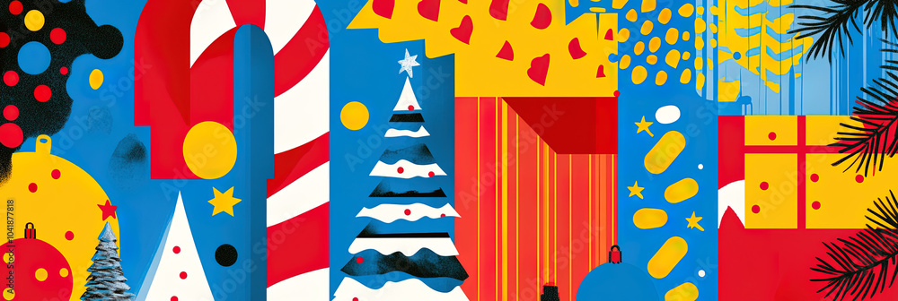 Obraz premium Pop-Art-Weihnachtsdesign mit Zuckerstangen, Geschenken und leuchtenden Farbakzenten