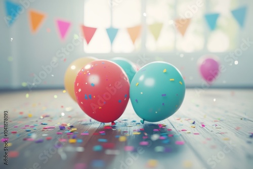 3D Rendering of Colorful Balloons and Confetti on Wooden Floor with Background Banner for Birthday Party or Events photo