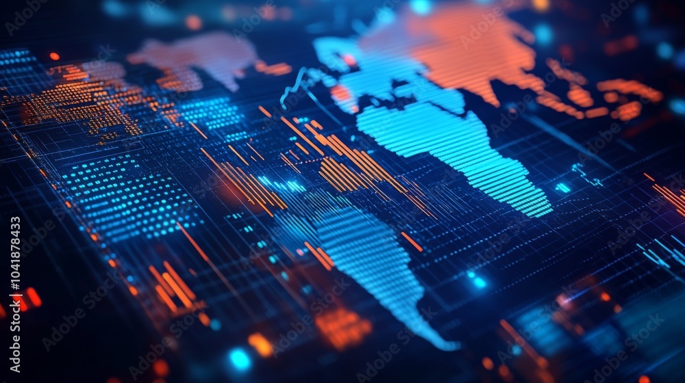Fototapeta premium Holographic World Map Displaying Live Market Data 