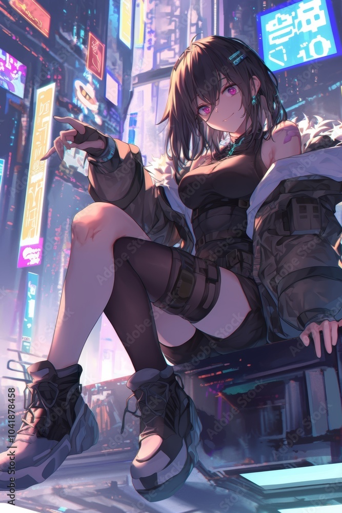 Cyberpunk Girl Posing in Neon City Cyberpunk Girl Posing in Neon City