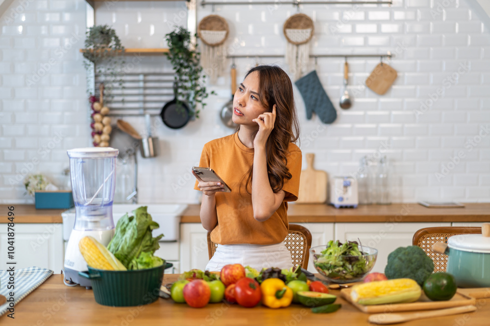 Portrait happy beauty slim healthy asian woman use phone and vegan food healthy fresh vegetable and fruit in kitchen.diet, vegetarian, eating, fruit, wellness, health, green food.Fitness, healthy food Portrait happy beauty slim healthy asian woman use phone and vegan food healthy fresh vegetable and fruit in kitchen.diet, vegetarian, eating, fruit, wellness, health, green food.Fitness, healthy food