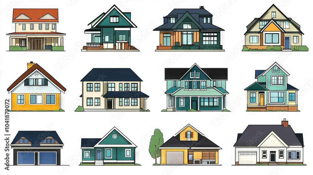 Fototapeta premium Vector representations of various residential designs for creative projects.