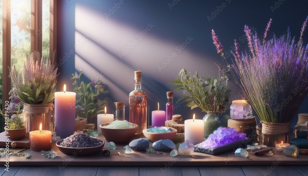 Natural Healing Ideas - A spa-like room with crystals, candles and natural healing herbs. Natural Healing Ideas - A spa-like room with crystals, candles and natural healing herbs.