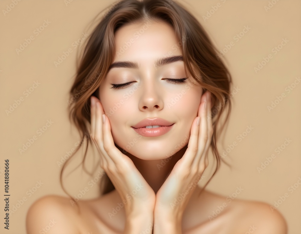 Photo of nice long hairdo optimistic lady without clothes hand face isolated on pastel beige color background Photo of nice long hairdo optimistic lady without clothes hand face isolated on pastel beige color background