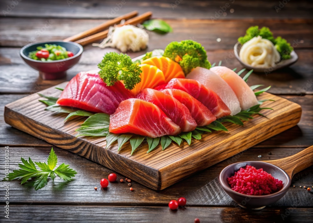Fresh Sashimi Maguro on Wooden Board with Copy Space for Culinary Presentation and Food Photography Fresh Sashimi Maguro on Wooden Board with Copy Space for Culinary Presentation and Food Photography