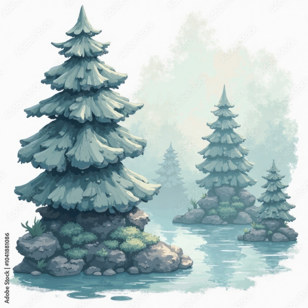 This is a digital illustration of a serene, misty forest featuring ...