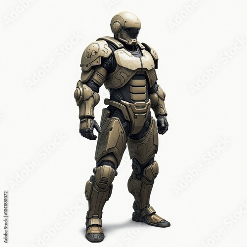 A detailed CGI rendering of a humanoid robot in gold and black armor, standing confidently. It has a sleek design with visible joints, a helmeted head, and a futuristic appearance. 