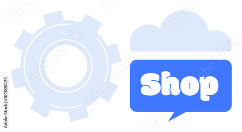 Gear and cloud shapes beside a blue speech bubble with the word shop inside suggest themes of online shopping and technology. Ideal for online businesses e-commerce cloud services and tech support