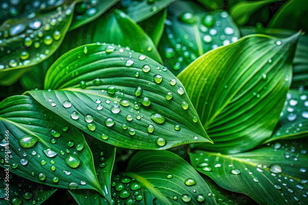 Obraz premium Fresh Water Droplets on Lush Green Leaves in a Humid Botanical Garden