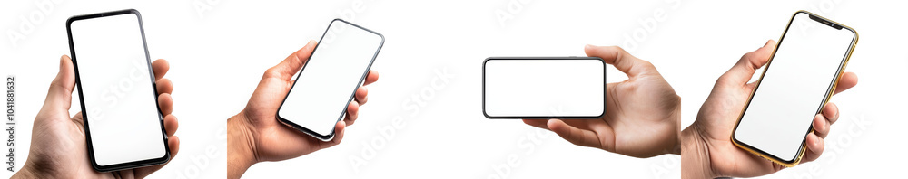 Mobile phone mockup with empty screen and a finger clicking isolated on white. Woman's hand holding the phone. Mobile phone mockup with empty screen and a finger clicking isolated on white. Woman's hand holding the phone.