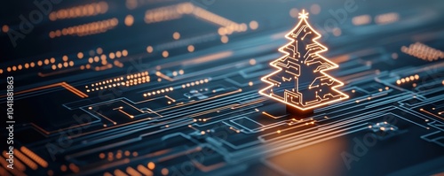 A glowing Christmas tree appears on a circuit board, merging holiday spirit with technology in a visually captivating scene.
