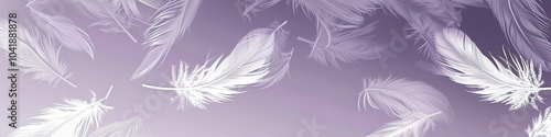 A serene lavender and gray gradient background with softly floating white feathers, exuding calm and elegance.