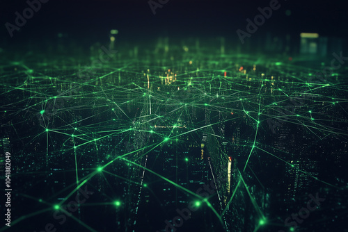 The network connection concept comes alive in a double exposure of a futuristic city and digital web, symbolizing how engineers plan and build efficient internet connectivity acros