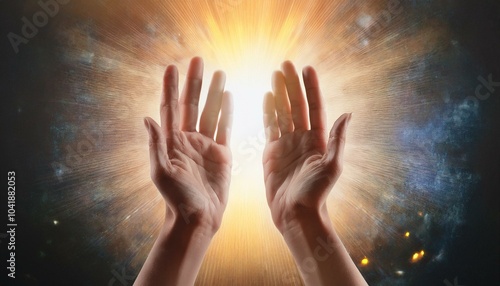 Place your hand over the luminous energy field. natural healing concept.