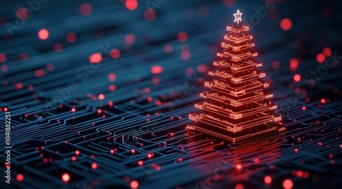A glowing red Christmas tree stands on a digital circuit board, creating a festive and tech-inspired atmosphere with shimmering lights.