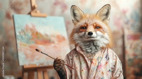 A fox wearing a paint-splattered jacket poses proudly beside an abstract canvas with a poised paintbrush, capturing the fun and creativity of artistic exploration. photo