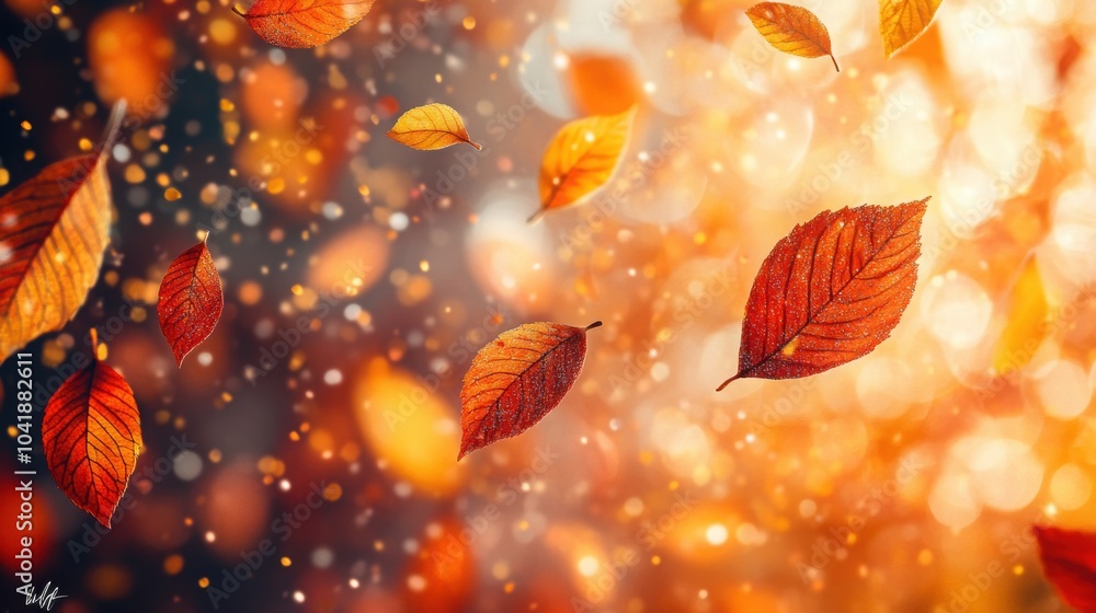 Autumn leaves floating in the air against a dreamy glowing background Autumn leaves floating in the air against a dreamy glowing background